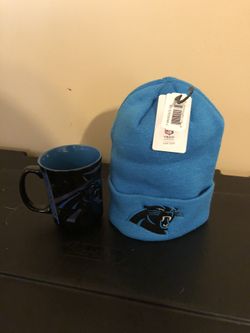 Carolina Panthers coffee mug and beanie