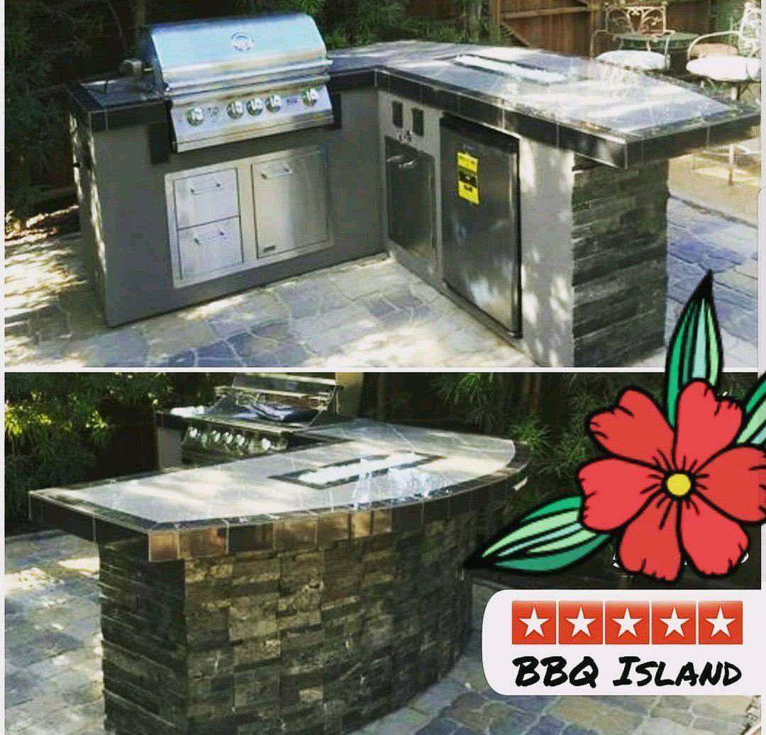 BBQ island, lion grill, fridge, and combo drawers with door, firepit