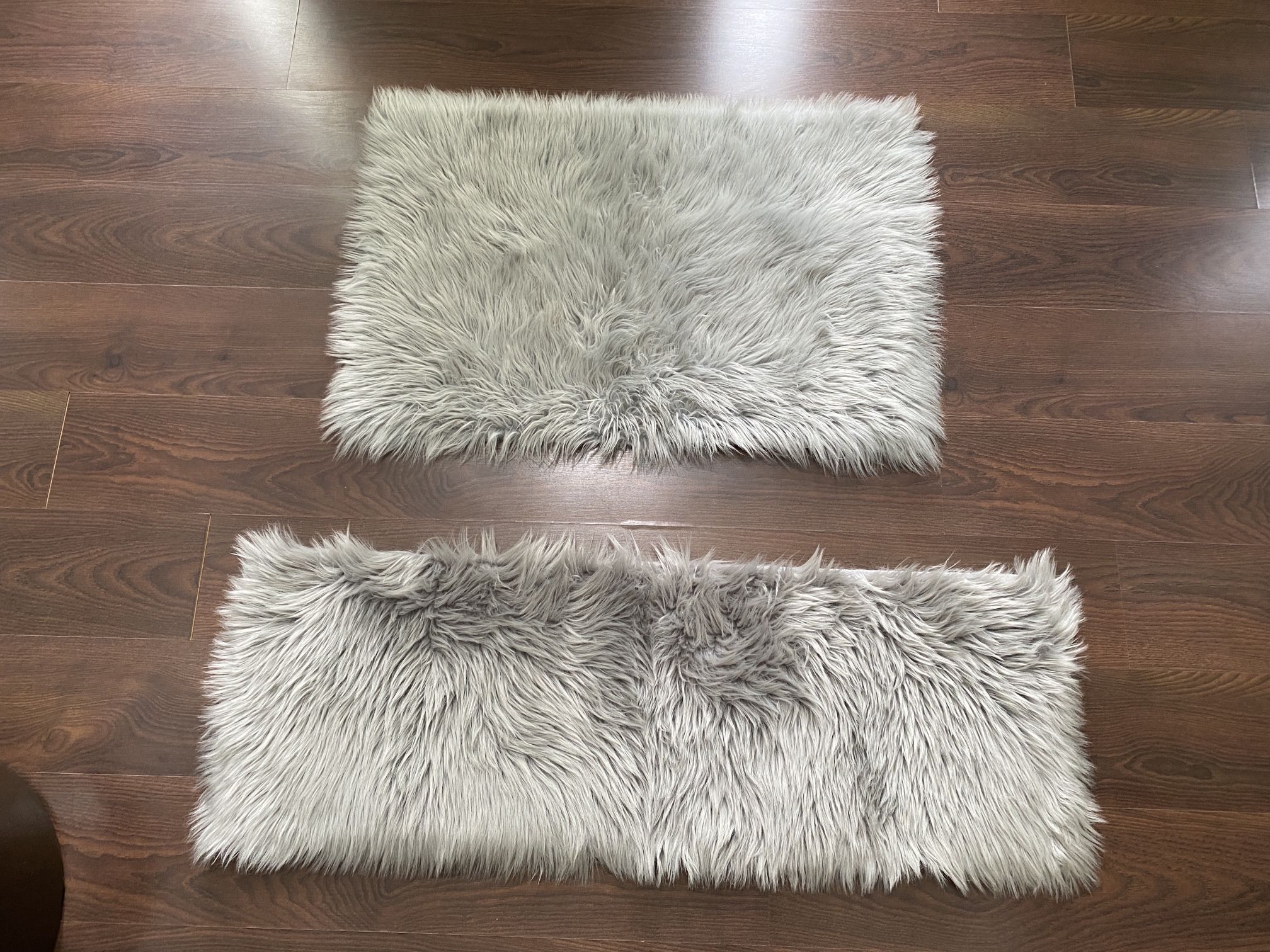 Set of 2 Faux Long Fur Gray Accent Plush Soft Rugs 23x35” & 16x47”