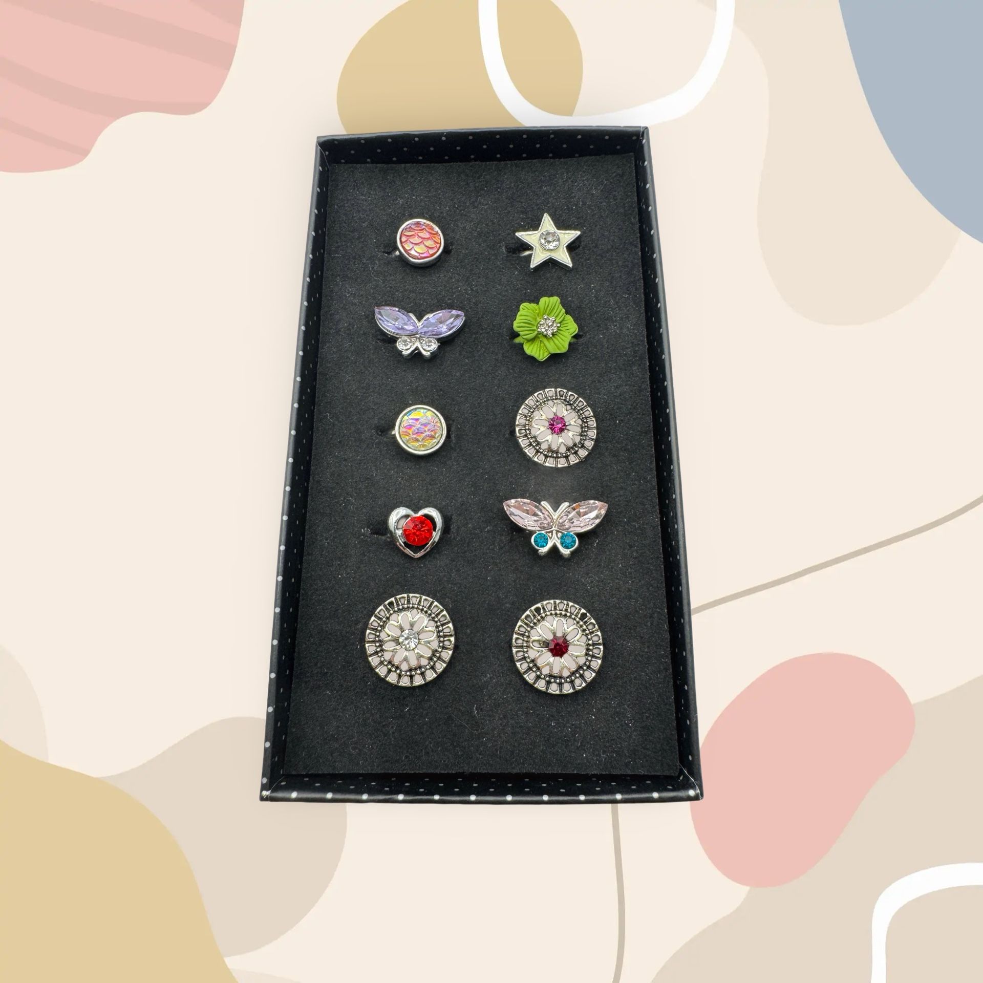 Ten New Paparazzi Little Girls Jewel Rings in Storage Box, Adjustable