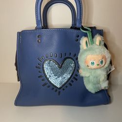 Coach X Keith Haring Blue Pebble Leather Sequin Heart Rogue Sachel Purse    Gorgeous preloved condition with slight markings on handbag feet  Labubu n