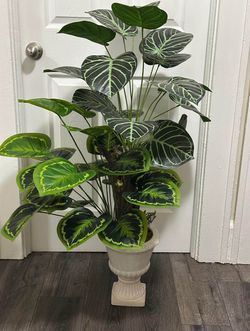 Handmade 44" Faux Alocasia Calathea Tropical Plant Urn Planter