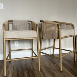 Two Wood & Rope-Woven Counter Stools