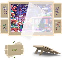 Jigsaw Puzzle Board 1500 Pieces, 2-in-1 Tilting and Rotating Puzzle Board with Drawers and Cover, Wooden Portable Puzzle Board for Adults, Board Game 