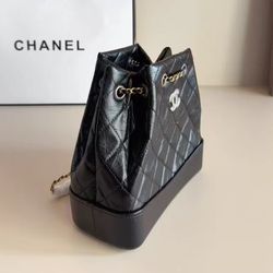 CC Gabrielle Logo Mandarin Duck Chain Leather Chain Diamond Quilting Cowhide Backpack Small Women's Black