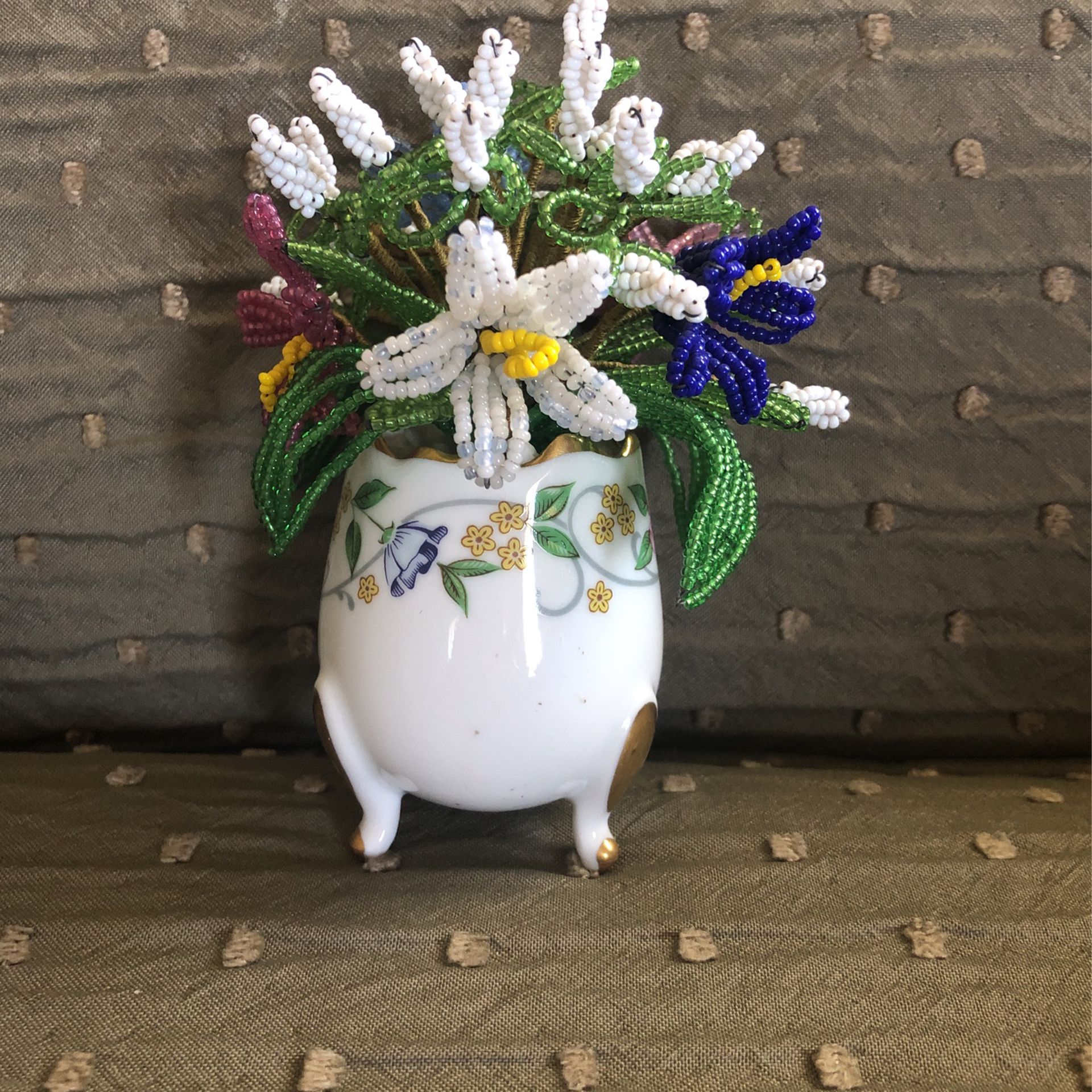 Vintage Limoges Porcelain Egg Vase With Beaded Flowers 