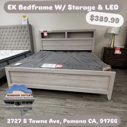 EK Bedframe w/ LED Lights & Storage Shelves – Open Box $390
