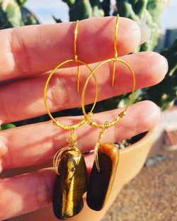 Gold hoops with Tiger's Eye stone earrings