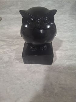 Glossy Black Owl Figurine on Square Base Decorative Collectible Sculpture