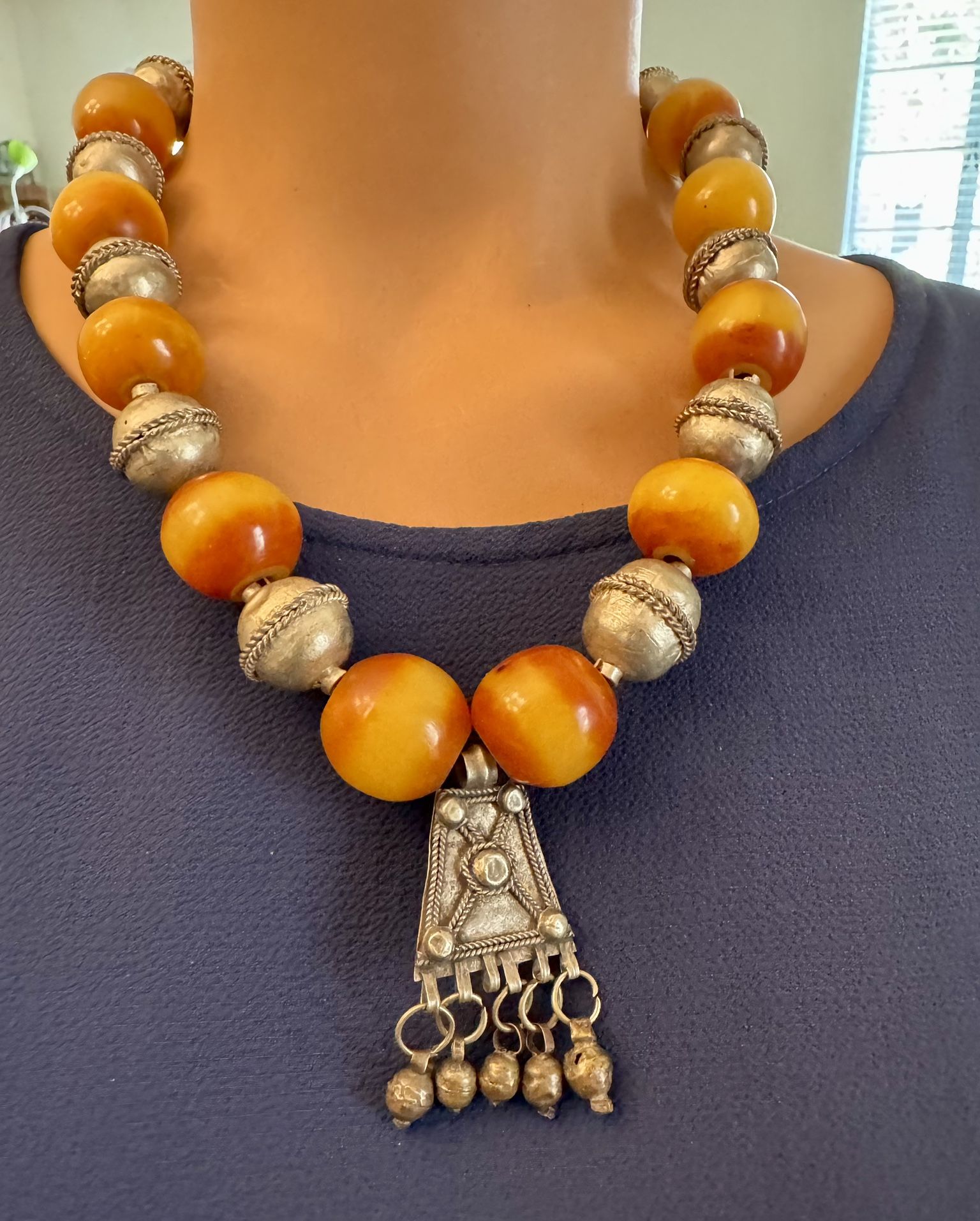 Berber Necklace African Ethnic Tribal Necklace Boho African Silver 21” Amber