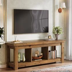 F2423 63" Solid Wood TV Stand, Entertainment Center for 65 inch TVs, Farmhouse Style with 3 Open Storage Shelves, Rustic Brown Console for Living Room