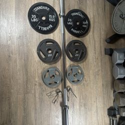 CUZ NEED THE $$ NEW Olympic Equipment: 6 ft Silver Bar & Weight Plates 35s, 25s, and 10s lbs. Total: 180 lbs [ NO, No Better Price]