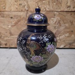 Vintage Cobalt Blue Ginger Jar / Peacock & Floral Design (Made in Japan)