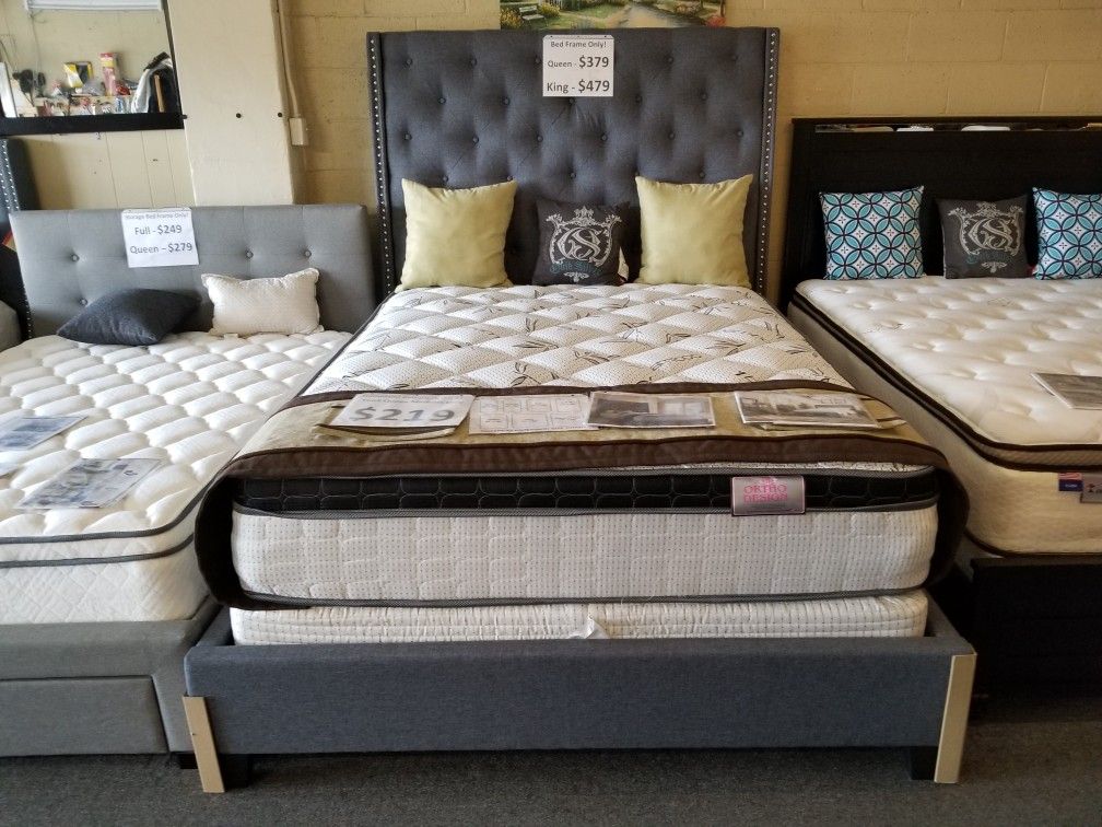 Brand new grey or black linen queen bedframe with nailhead trimmin