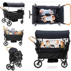 Stroller Wagon for 4 Kids Seated-Tandem Fold Stroller Push-Pull Lightweight Travel Trolle