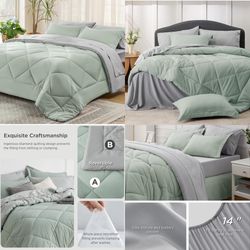 Sage Green King Comforter Set - 7 Pieces Reversible Bed Set Sage Green Bed in a Bag King with Comforters, Sheets, Pillowcases & Shams, King Bedding Se