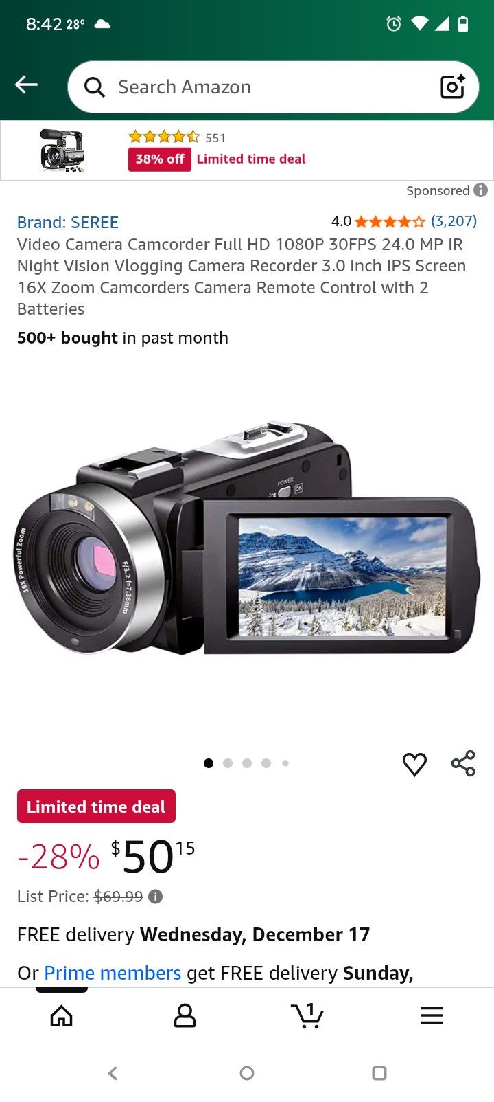 Seree Video Camera Camcorder Full HD 1080p 30FPS 24.0 MP IR Night Vision Vlogging Camera Recorder 3.O Inch IPS Screen 16x Zoom