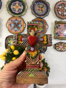 One of a kind colorful hand-Carved Wood Sacred Heart Cross. Each one is $25