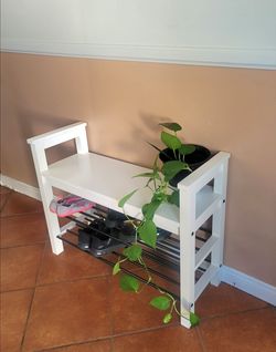 IKEA WOOD BENCH WITH SHOE STARAGE.