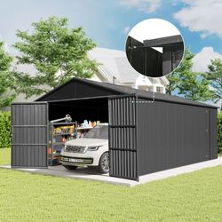 12x15FT Outdoor Metal Garage Shed, Extra Large Metal Carport with Lockable Double Hinged Doors, Heavy Duty Car Shelter for Car, Truck, Motorcycle and 