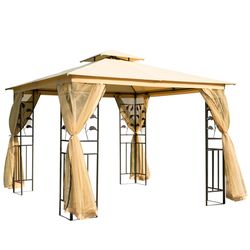 Outsunny 10' x 10' Metal Gazebo, Double Roof Canopy w/Tree Motifs Corner Frame & Netting, Beige