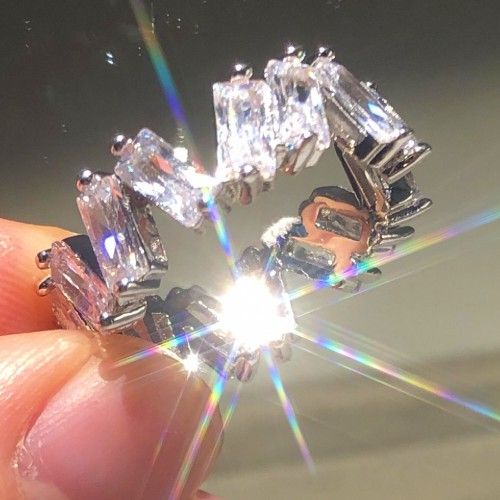"Shiny Irregular Rectangle Gems Full Around Zircon Silver Eternity Ring, K804