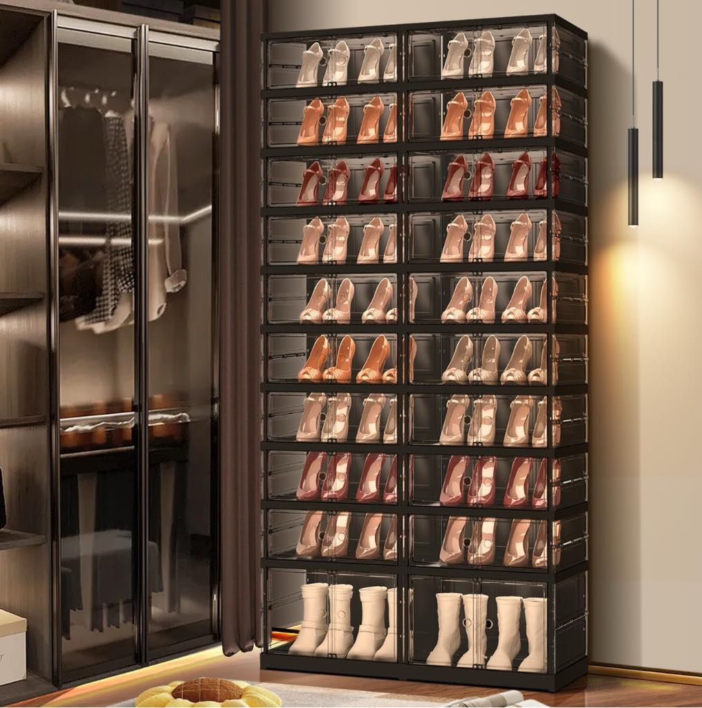 10 Tiers 20-40 Pairs Foldable Shoe Boxes Large Plastic Shoe Storage Rack Collapsible Shoe Organizer