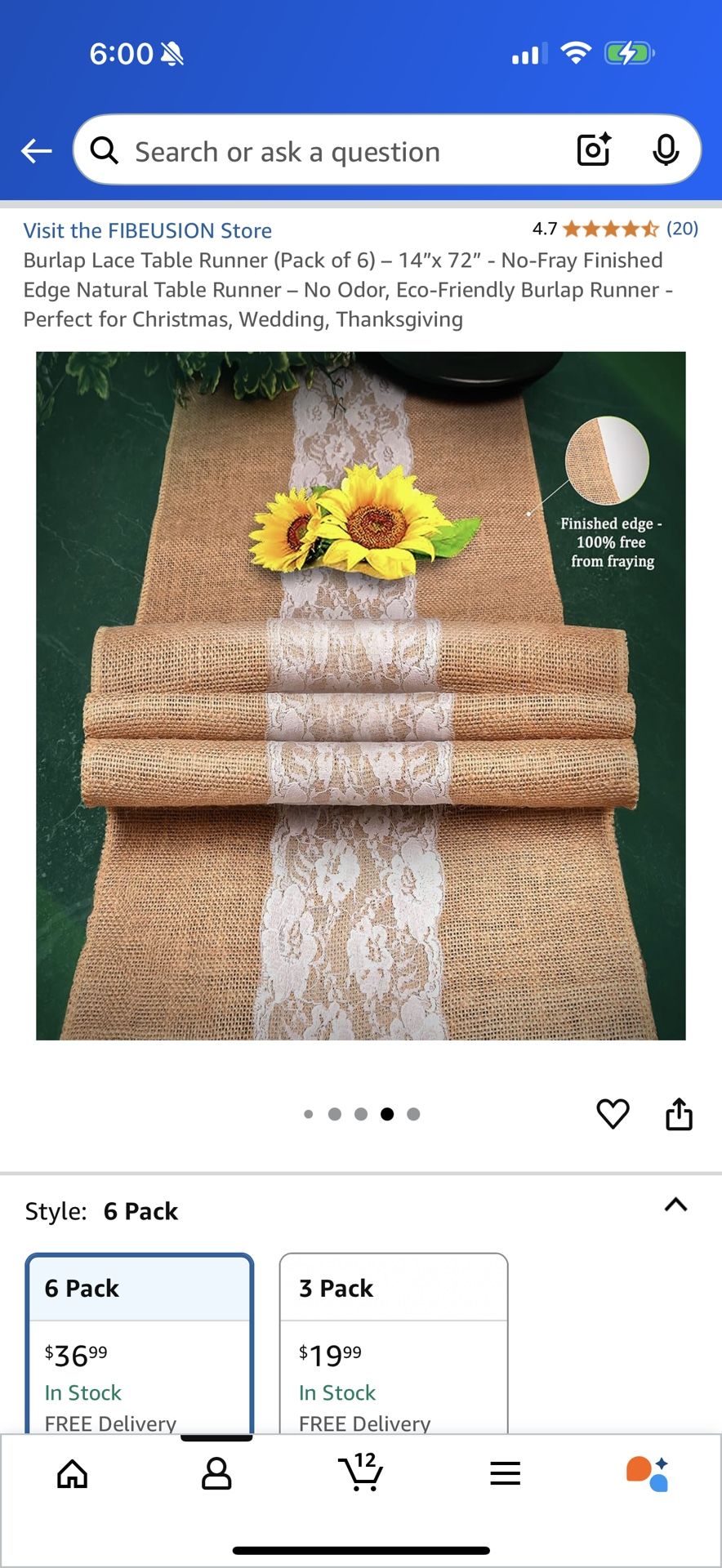6 Burlap Table runners With Lace