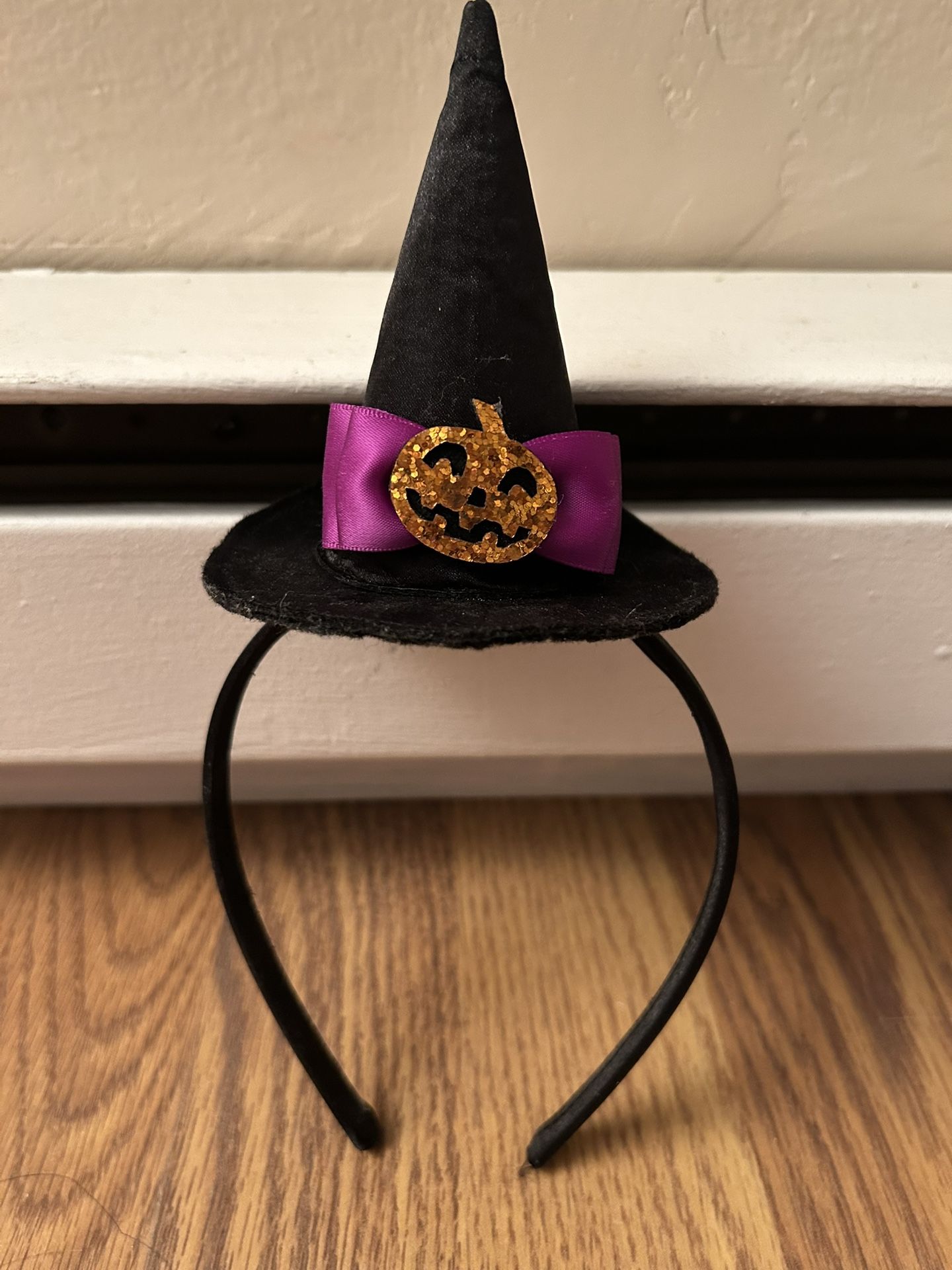 Black Witch Hat Headband with Purple Bow and Gold Pumpkin