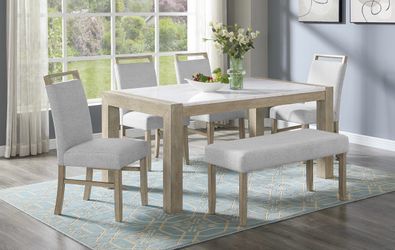 HAZEL FAUX MARBLE DINING TABLE WITH CHAIRS AND BENCH