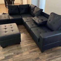 New Black Leather Sectional Sofa Couch With Storage Ottoman & Cupholder (Reversible Chaise)