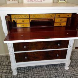 One Of A Kind Secretary Desk Refinished In Bright White With Tiger Wood Drawers