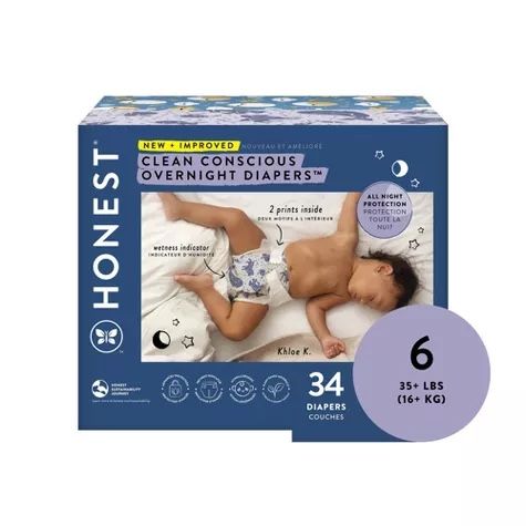 The Honest Company Clean Conscious Disposable Overnight Diapers Cozy Cloud + Star Signs. Size 6, 34 Count