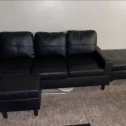 Faux Leather Couch And 2 Ottomans