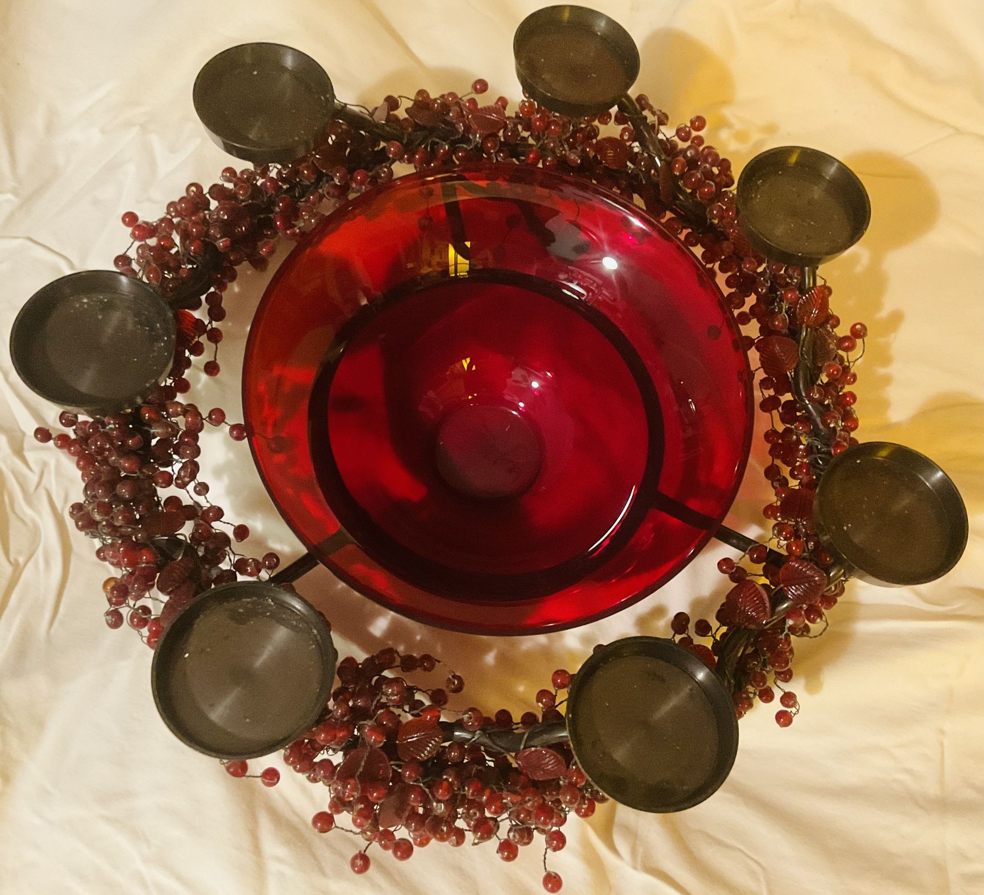 Vintage Glass And Iron Cranberry Centerpiece