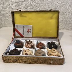 A Collection Of 8 Vintage Miniature Clay Tea Pot  By Suzhou Red Maple Hand Craft  In It’s Original Box