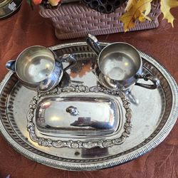 Silver Butter, Dish .sugar And Creamer Coffee Pot Or Water Pitcher