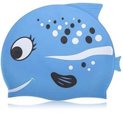 2 pack Kids Swim Cap, Silicone Swimming Cap for Girls Boys Kids, Bathing Cap Waterproof Fish and Shark with Nose Clip Earplugs for Long and Short Hair