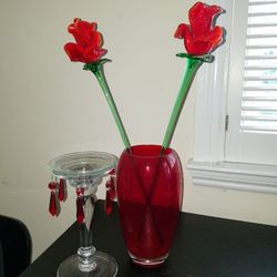 Crate & Barrel Red glass flowers, vase & candle holder