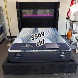 Black Corduroy Queen Size Flame Visualizer Bed Frame 
