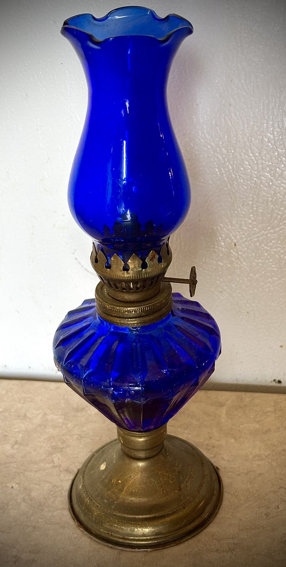 Vintage Cobalt Glass And Brass Oil Lamp