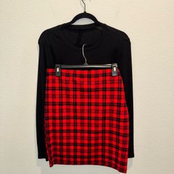 SHEIN Red Plaid Mini Skirt and Black Top Set