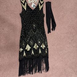 New Medium Black Beaded Fringe Flapper Dress Costume 