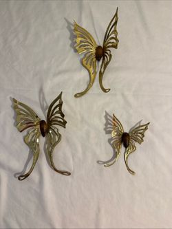 Vintage Homco Home Interiors Brass Wood Butterflies Metal Wall Art Set of 3 MCM