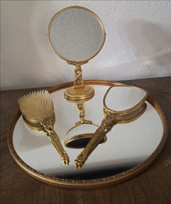 Vintage Gold Vanity Set with Mirror Tray