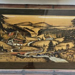 Vintage German Hand Carved Painted 3D Black Forest Chalet Coffee Table MCM