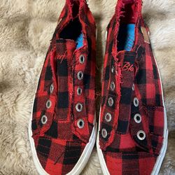 Blowfish Malibu Slip On Shoe, Red Buffalo Plaid, Size 7.5