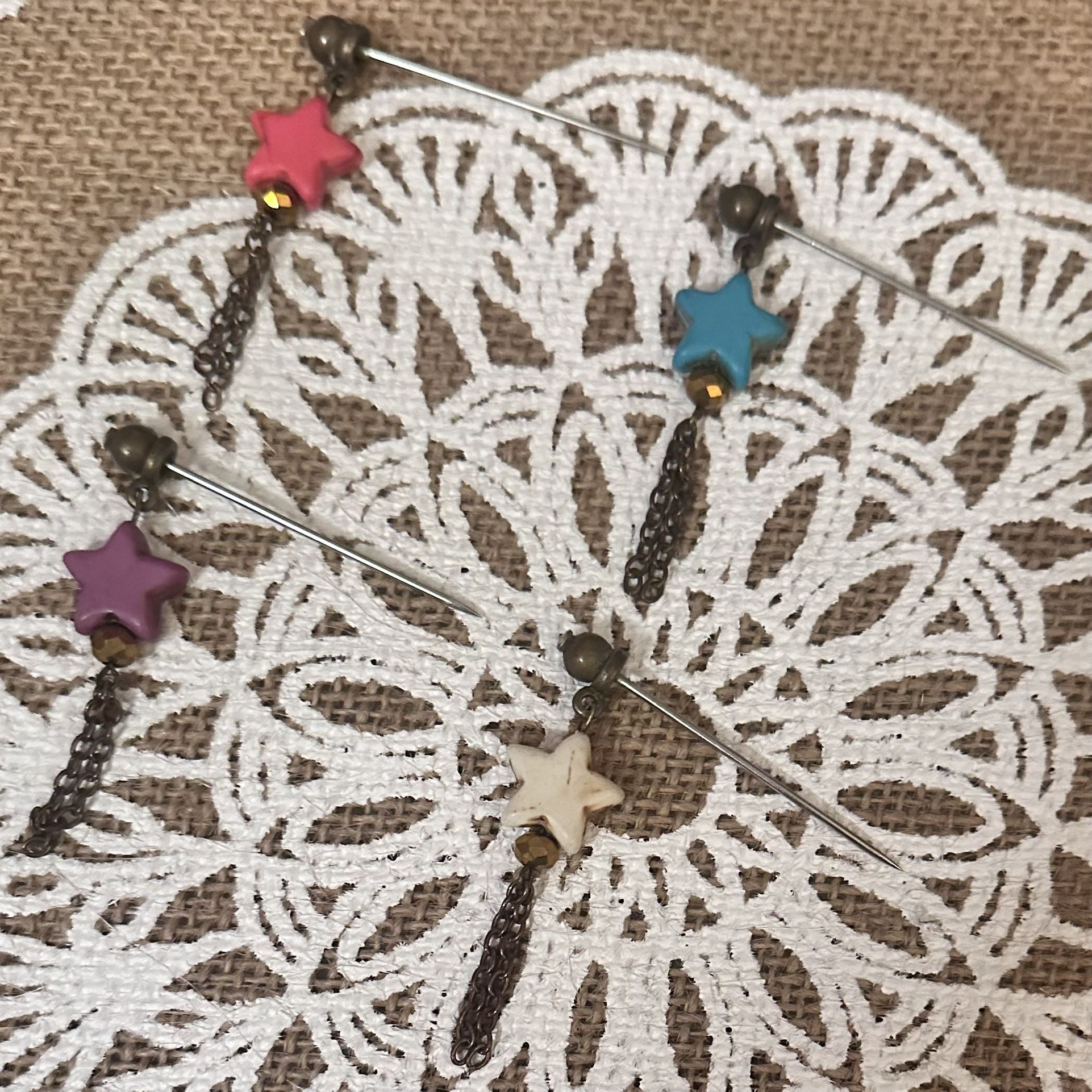 4 Steel Colored Star Turquoise w/ Bronze & Gold Dangle Hijab Pins - Pink, Blue, White & Purple