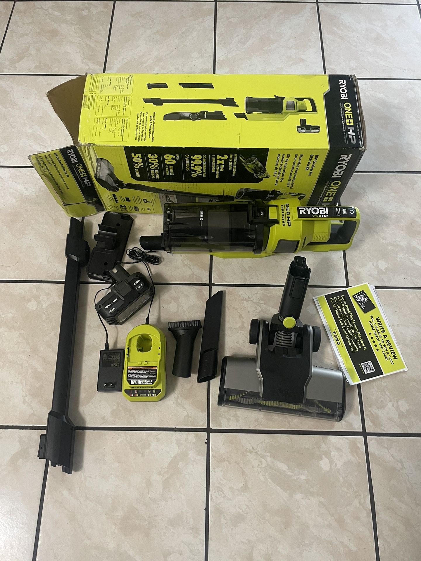 RYOBI ONE+ HP 18V Brushless Cordless Pet Stick Vacuum Cleaner Kit with 4.0 Ah HIGH PERFORMANCE Battery and Charger
