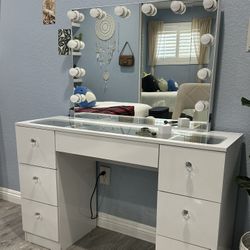 Makeup Hollywood White Vanity Mirror Beauty Desk with Light Bulbs 